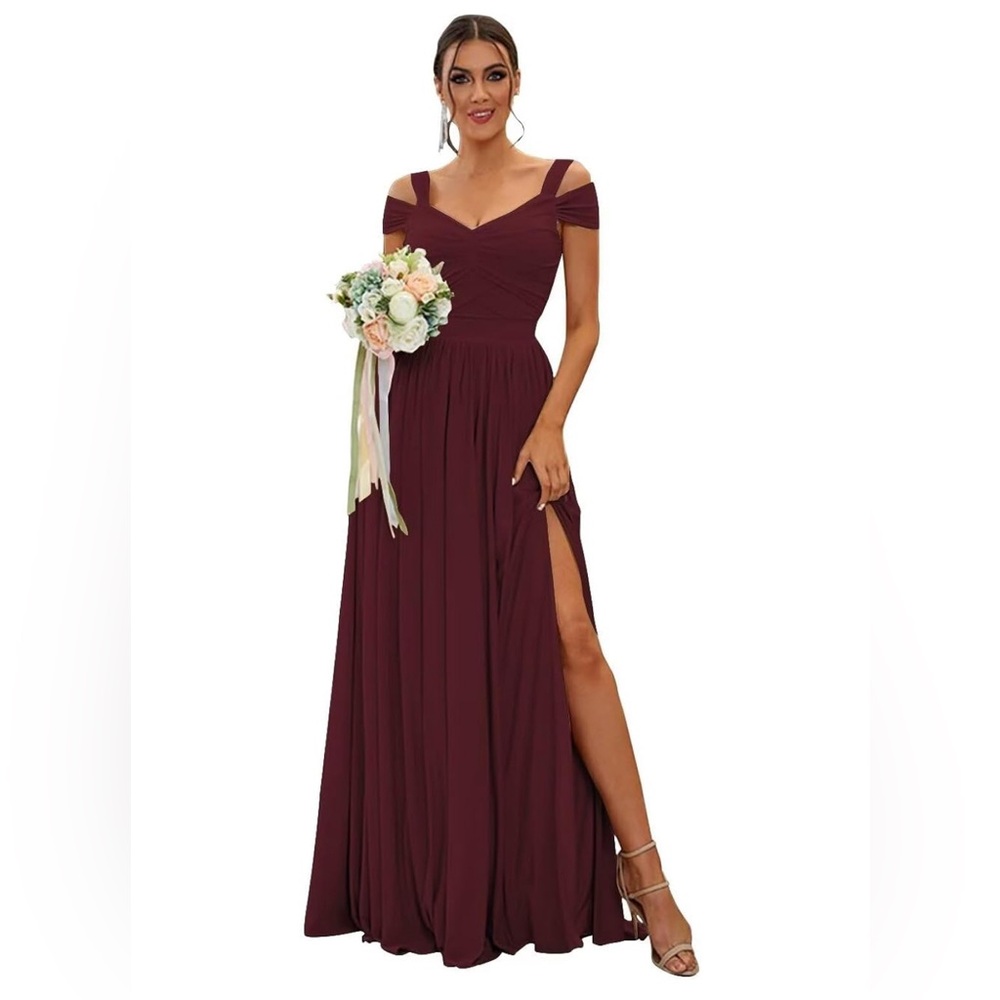 NEW Women's Off Shoulder Pleated Chiffon Prom Bridesmaid Dress with Slit